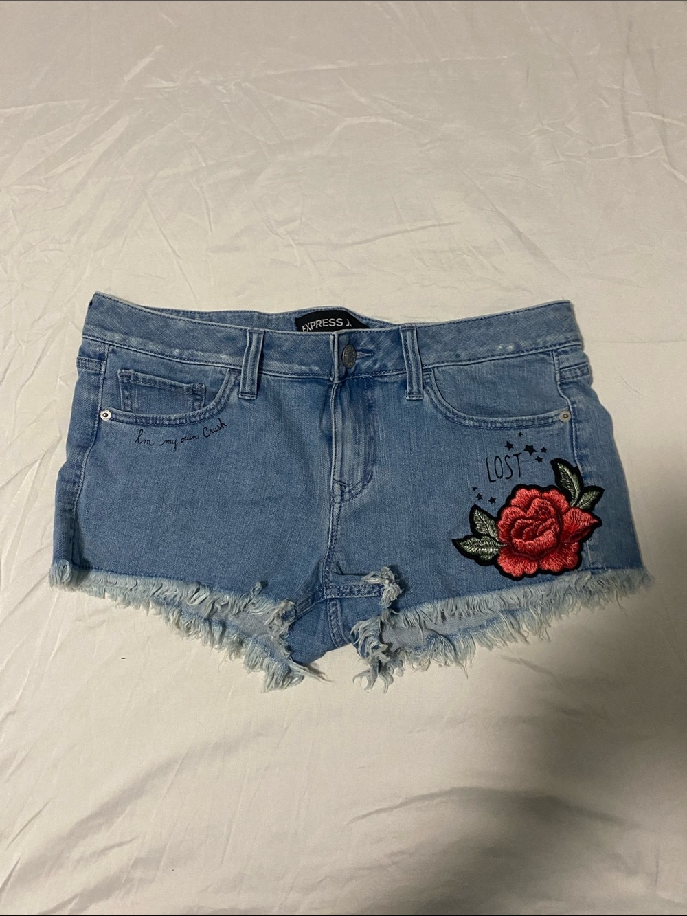 Express Light Blue Denim Shorts with Red Rose Patch